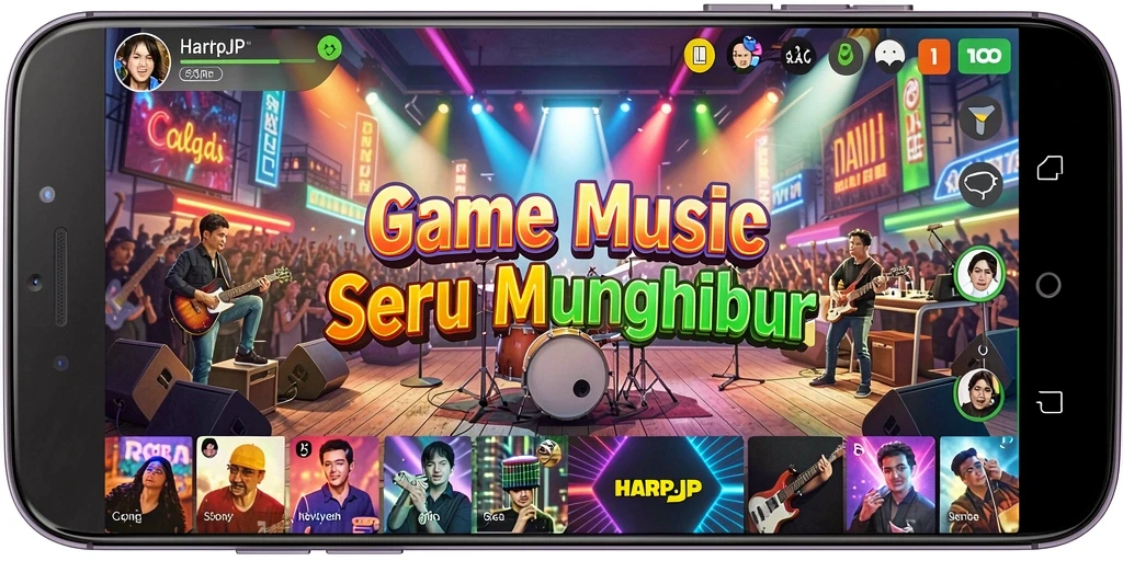 Tampilan menarik gameplay HARAPJP dengan berbagai genre musik.
