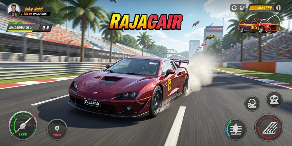 Screenshot dari gameplay RAJACAIR yang menampilkan aksi balap yang mendebarkan.