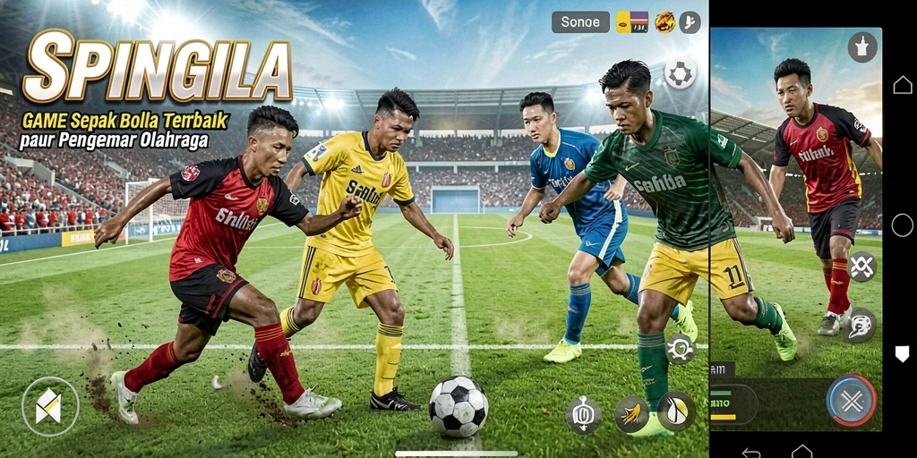 Screenshot SPINGILA menunjukkan aksi mendebarkan permainan sepak bola.