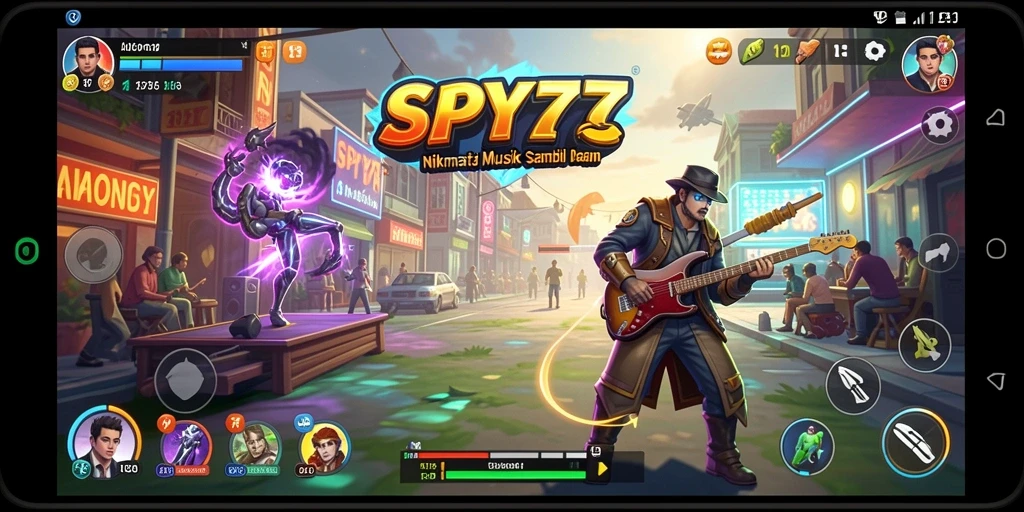 Tangkapan layar gameplay SPY77 dengan aksi musik yang seru.